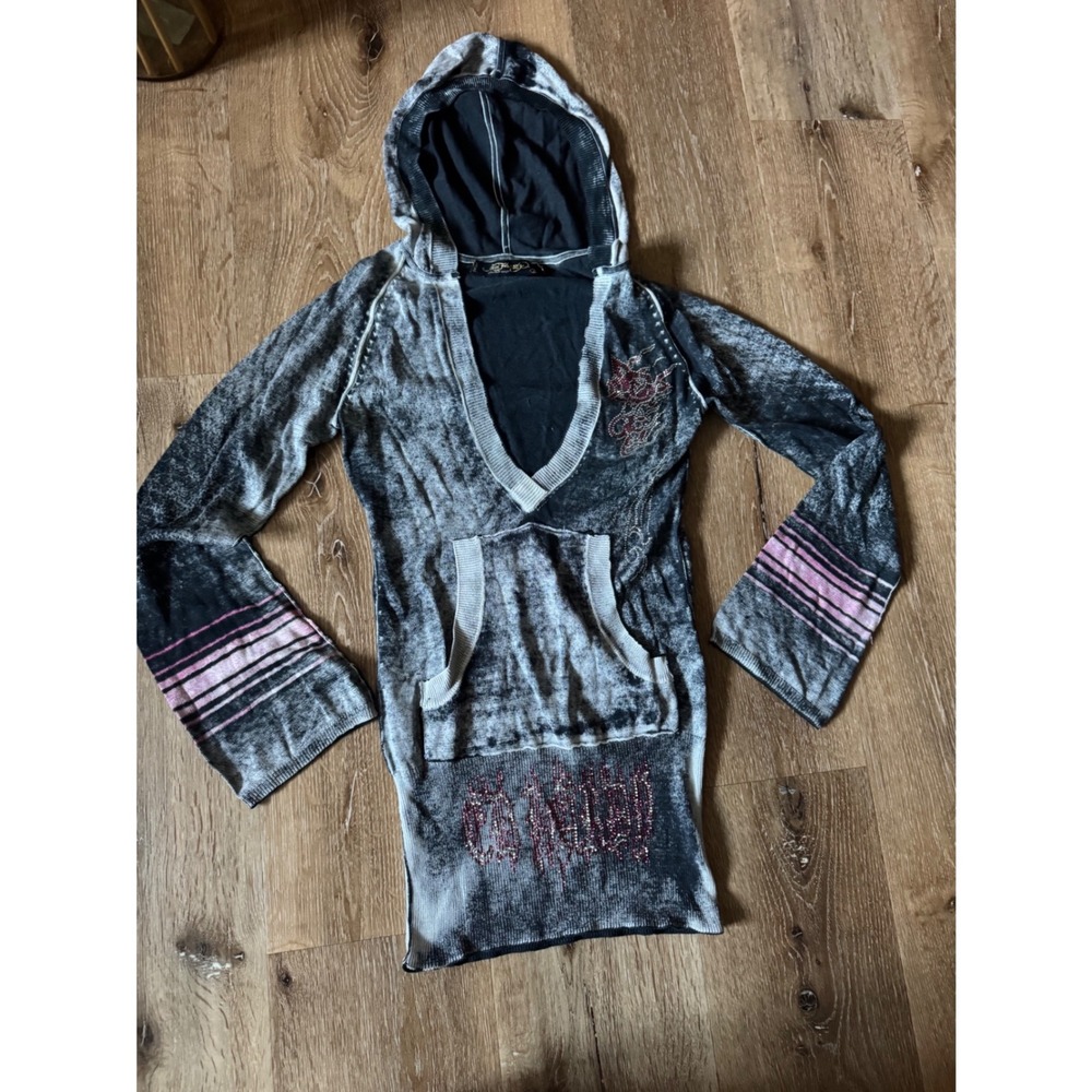 Ed Hardy Christian Audigier Gray Mineral Wash Rhinestone Skull Hoodie XS